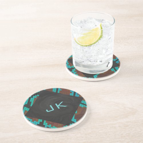 Monogram Snake Brown and Teal Print Sandstone Coaster