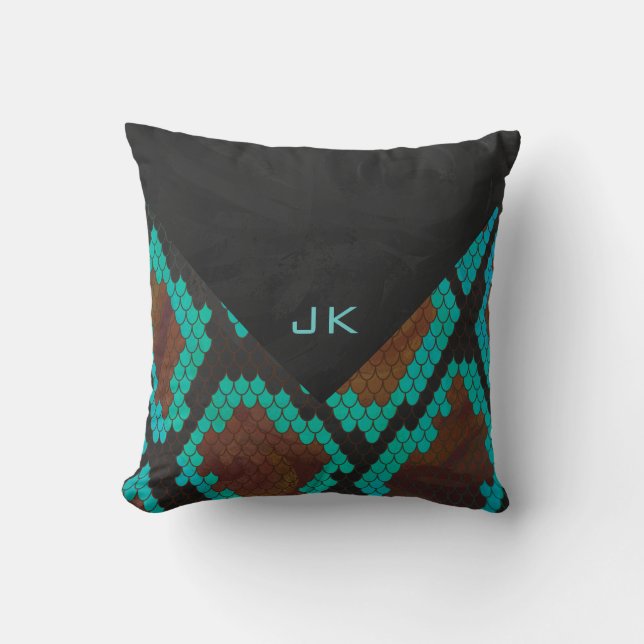 Monogram Snake Brown and Teal Print Throw Pillow (Front)
