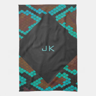 Monogram Snake Brown and Teal Print Towel