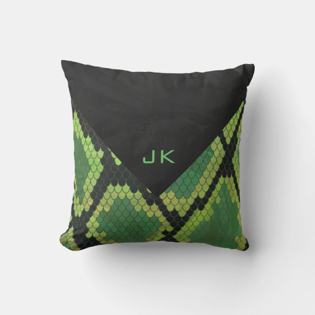 Monogram Snake Green and Black Throw Pillow (Front)