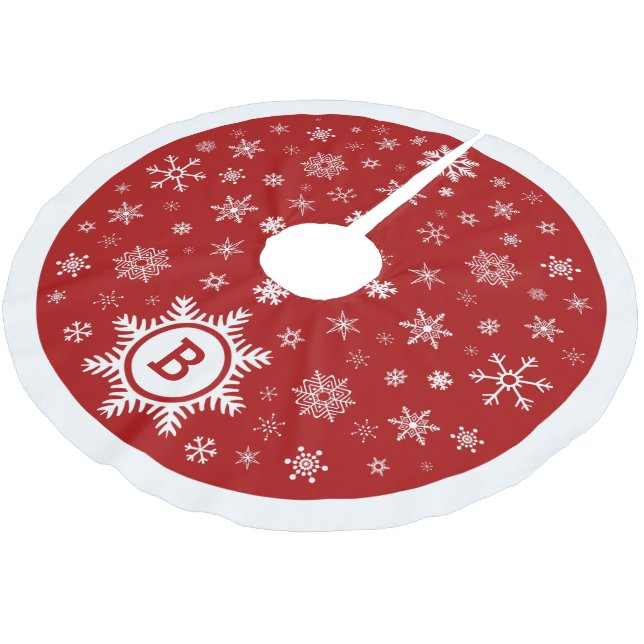 Monogram Snowflake Christmas Tree Skirt red /white (Angled)