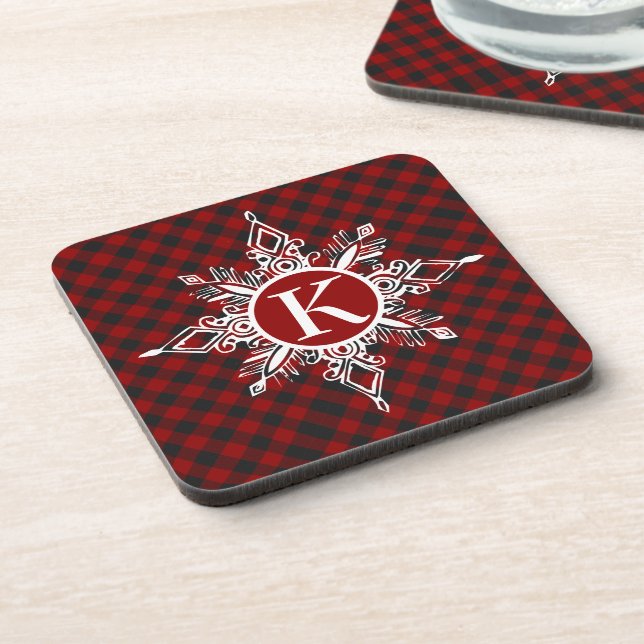 Monogram snowflake on plaid  beverage coaster (Left Side)