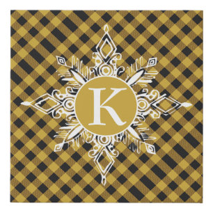 Monogram snowflake on plaid faux canvas print