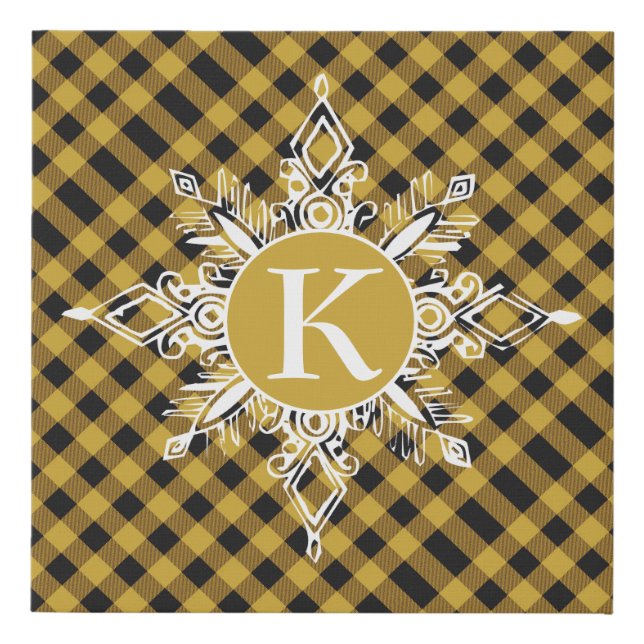 Monogram snowflake on plaid  faux canvas print (Front)
