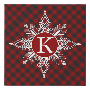 Monogram snowflake on plaid faux canvas print