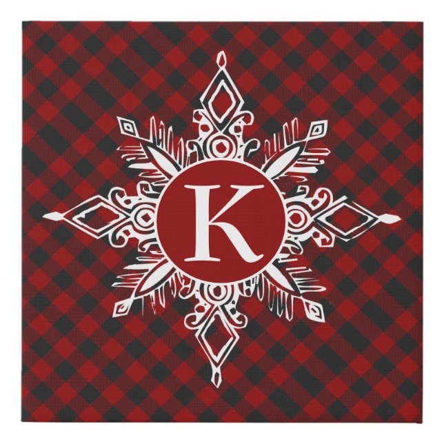 Monogram snowflake on plaid  faux canvas print (Front)