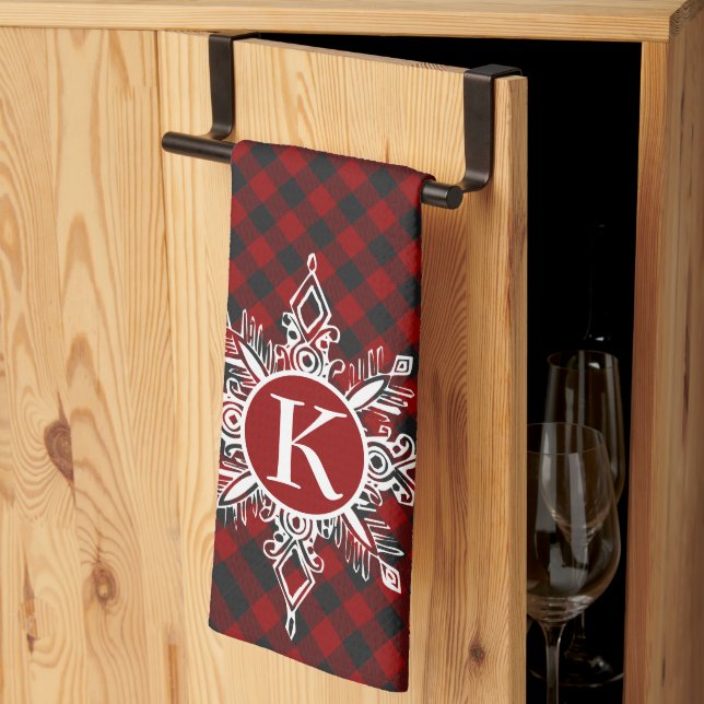 Monogram snowflake on plaid  kitchen towel (Thirds Fold)