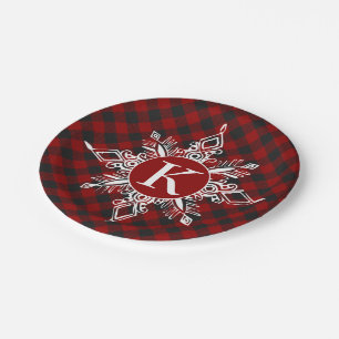 Monogram snowflake on plaid  paper plates