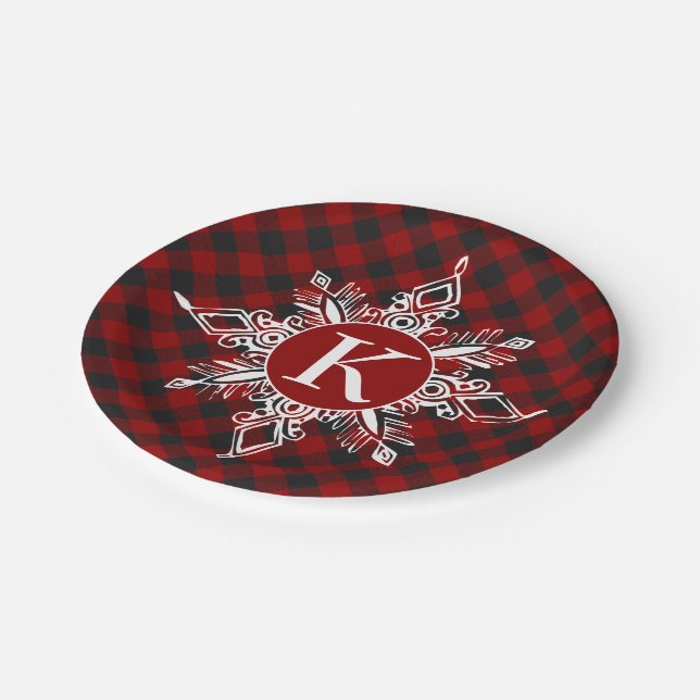 Monogram snowflake on plaid  paper plates (Angled)