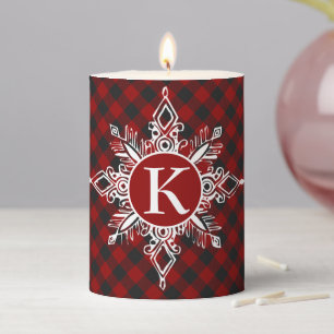 Monogram snowflake on plaid pillar candle