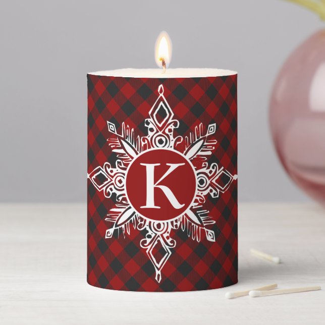 Monogram snowflake on plaid  pillar candle (In Situ)