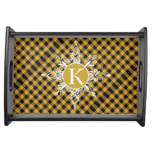 Monogram snowflake on plaid serving tray
