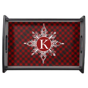Monogram snowflake on plaid serving tray
