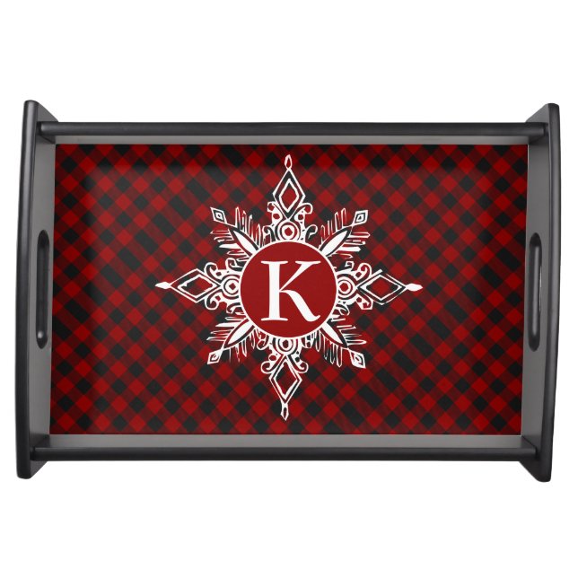 Monogram snowflake on plaid  serving tray (Front)