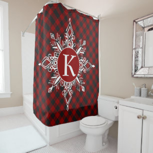 Monogram snowflake on plaid shower curtain