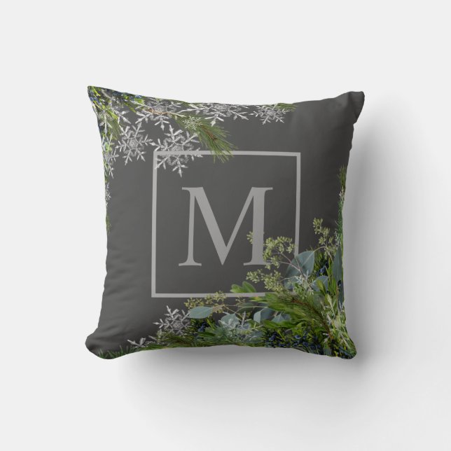 Monogram Snowflakes & Winter Foliage Gray Pillow (Front)