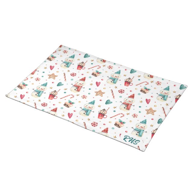 Monogram Snowman Sweets Pattern 20"x14" Cloth Placemat (On Table)