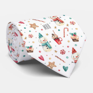 Monogram, Snowman Sweets Pattern Holiday Neck Tie