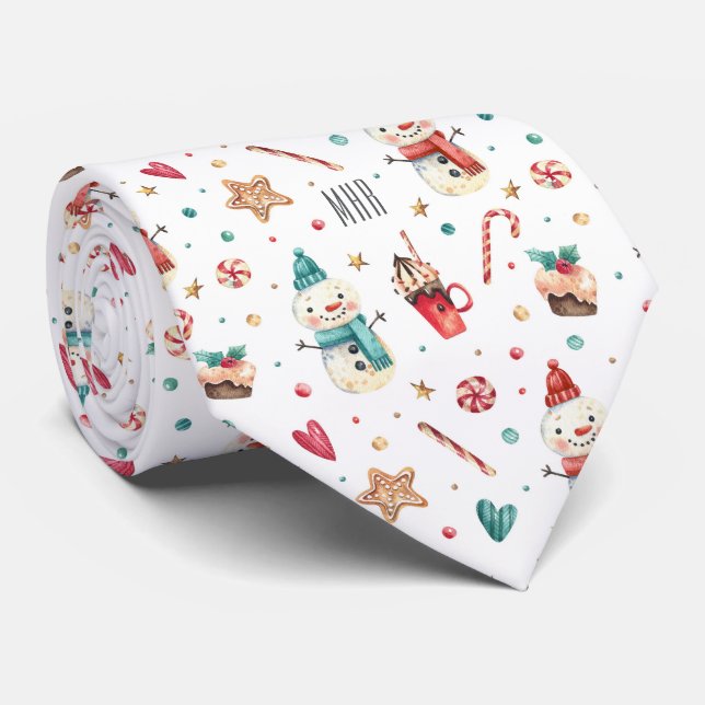Monogram, Snowman Sweets Pattern Holiday Neck Tie (Rolled)
