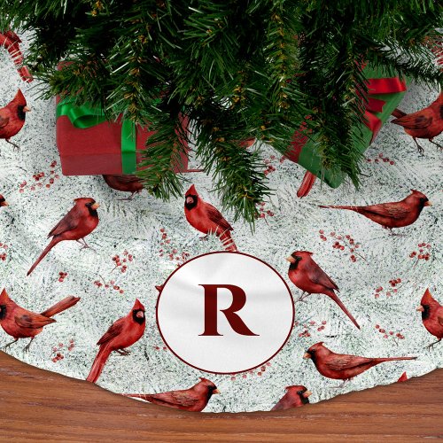 Monogram Snowy Pine Branches Cardinal Christmas Brushed Polyester Tree Skirt