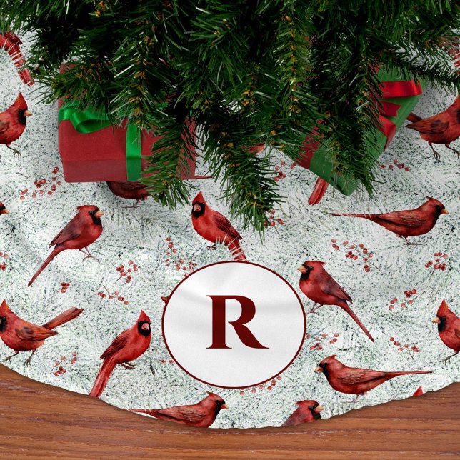 Monogram Snowy Pine Branches Cardinal Christmas Brushed Polyester Tree Skirt (Creator Uploaded)