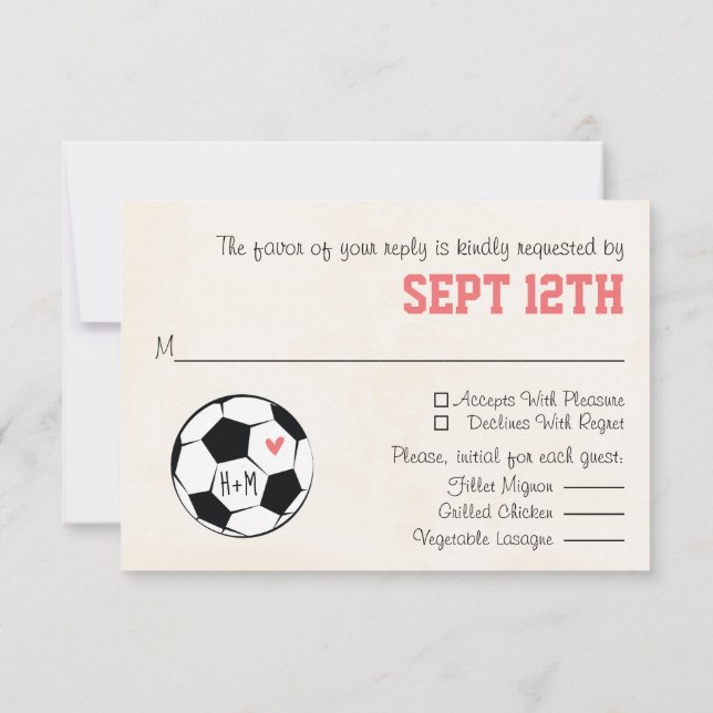 Monogram Soccer Wedding RSVP Card with Pink Heart (Back)