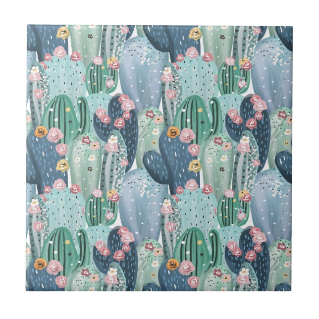 Monogram | Soft Patel Cactus Pattern Ceramic Tile (Front)