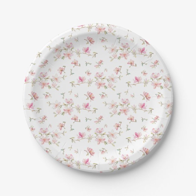Monogram | Soft Pink Watercolor Flower Pattern Paper Plates (Front)