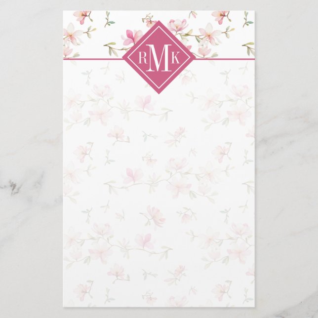 Monogram | Soft Pink Watercolor Flower Stationery (Front)