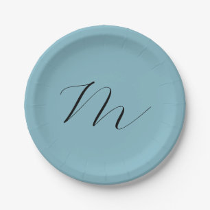 Monogram Solid Blue Pastel Minimalist Professional Paper Plates