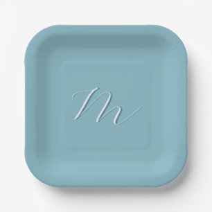Monogram Solid Blue Pastel Minimalist Professional Paper Plates