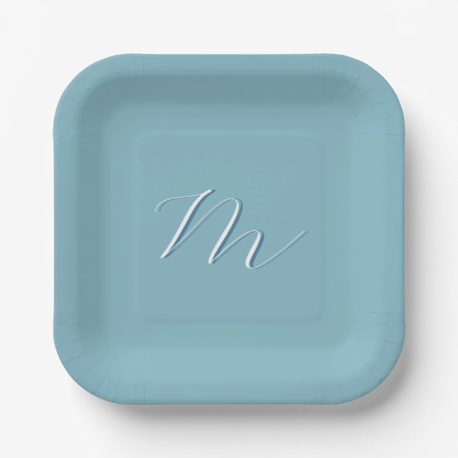Monogram Solid Blue Pastel Minimalist Professional Paper Plates (Front)