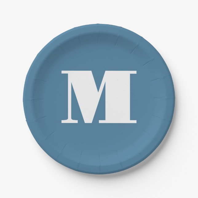Monogram Solid Blue Pastel Minimalist Professional Paper Plates (Front)