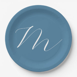 Monogram Solid Blue Pastel Minimalist Professional Paper Plates