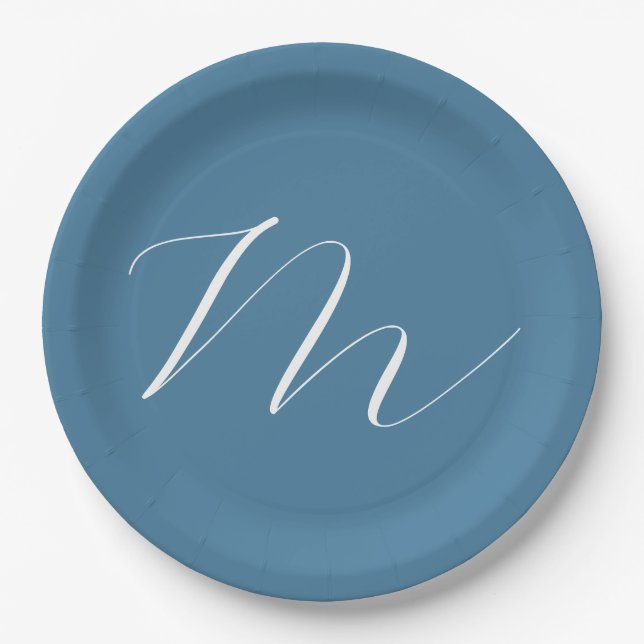 Monogram Solid Blue Pastel Minimalist Professional Paper Plates (Front)