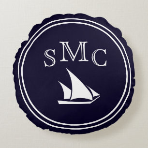MONOGRAM Solid dark blue  White Sailboat Round Pillow