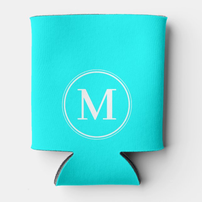 Monogram Solid Electric Retro Cyan Color  Can Cooler (Front)