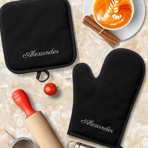 Monogram Solid Plain Black template White Script  Oven Mitt  Pot Holder Set