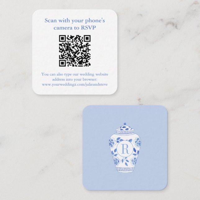 Monogram Something Blue Wedding Shower QR RSVP Enclosure Card (Front/Back)