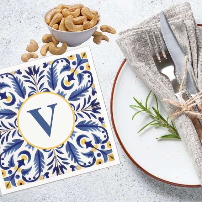 Monogram Spanish Blue Flower Yellow Lemons Napkins (Creator Uploaded)