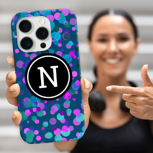 Monogram sparkle blue purple confetti dots on teal iPhone 16 pro case