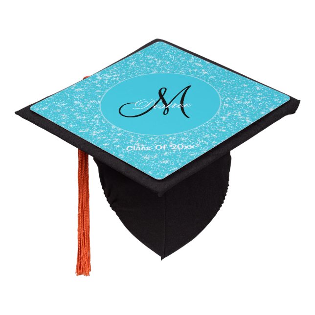 Monogram Sparkle Glitter Teal White Elegant Girly Graduation Cap Topper (Angled)
