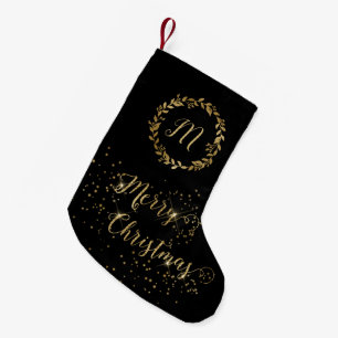 Monogram Sparkly Black Gold Merry Christmas Small Christmas Stocking