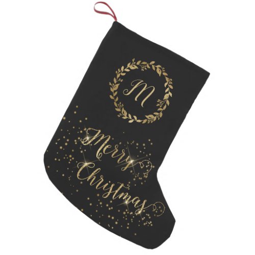 Monogram Sparkly Black Gold Merry Christmas Small Christmas Stocking