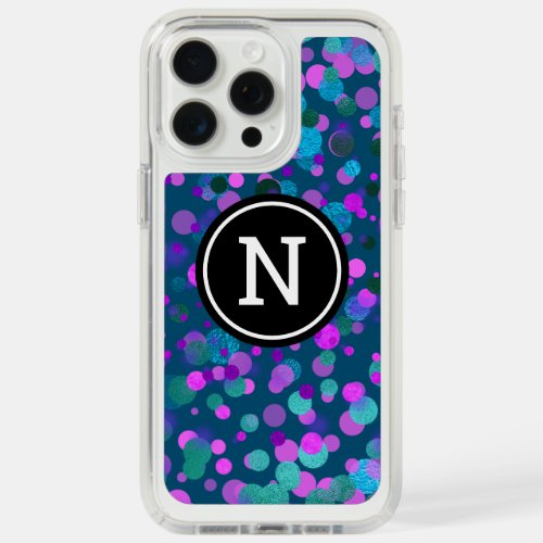 Monogram sparkly blue purple confetti dots on teal iPhone 15 pro max case