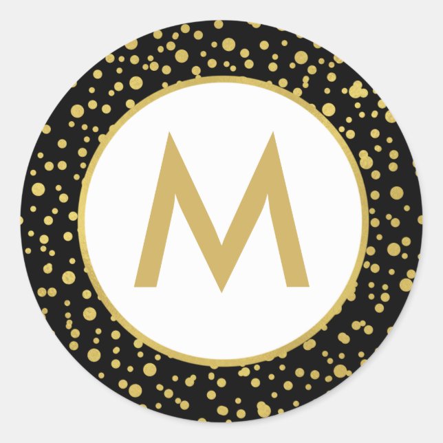 Monogram Sparkly Gold, Black & White Christmas Classic Round Sticker (Front)