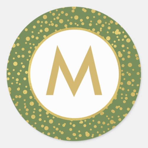 Monogram Sparkly Gold Green  White Christmas Classic Round Sticker