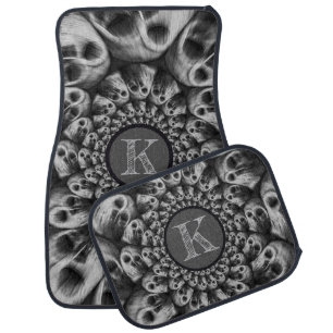 Monogram Spooky Skulls Abstract Black And White Car Floor Mat