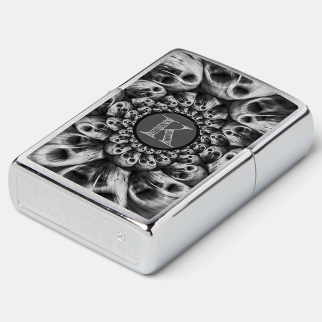 Monogram Spooky Skulls Abstract Black And White Zippo Lighter (Angled)