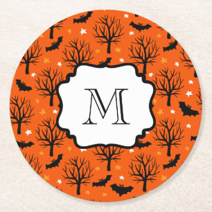 Monogram Spooky Trees and Bats Halloween Pattern Round Paper Coaster
